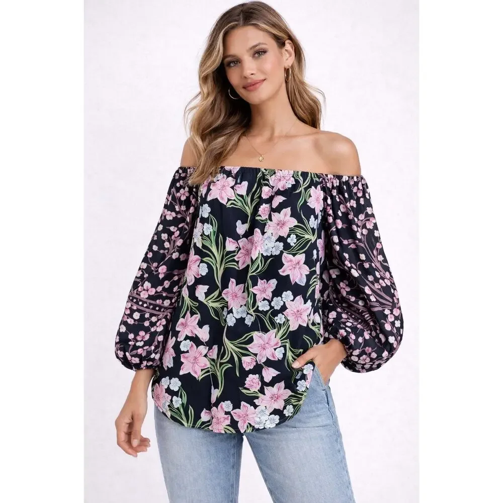 Free People Floral Boho Peasant Top S Puff Sleeve Off Shoulder Blouse w Pockets
